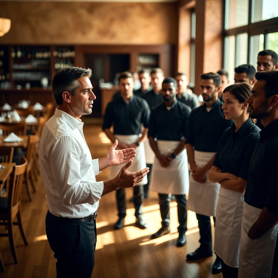 A manager leading a pre-shift team meeting, training staff before service