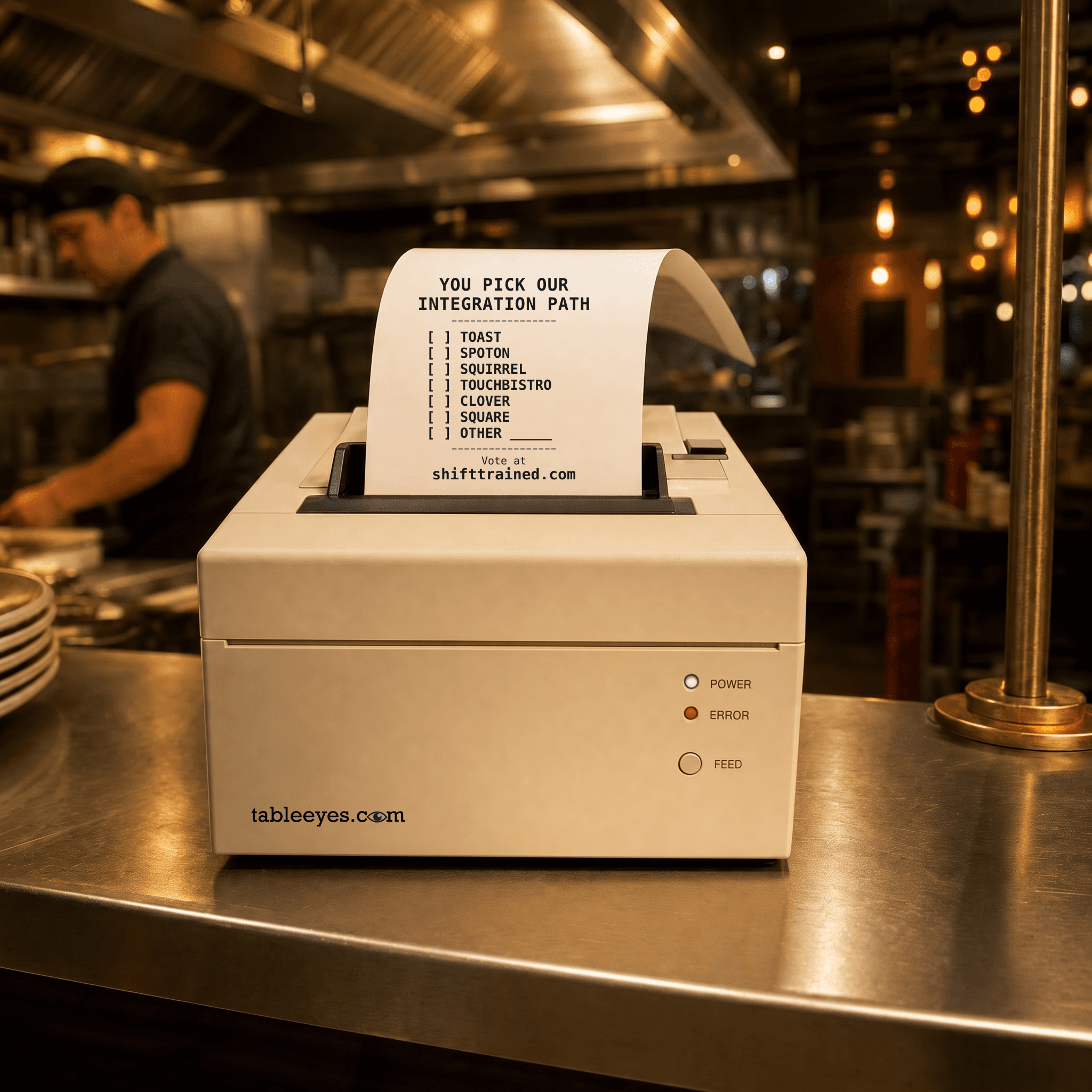 Receipt printer printing a ballot with POS options — SpotOn, Squirrel, TouchBistro, Clover, Lightspeed, Other