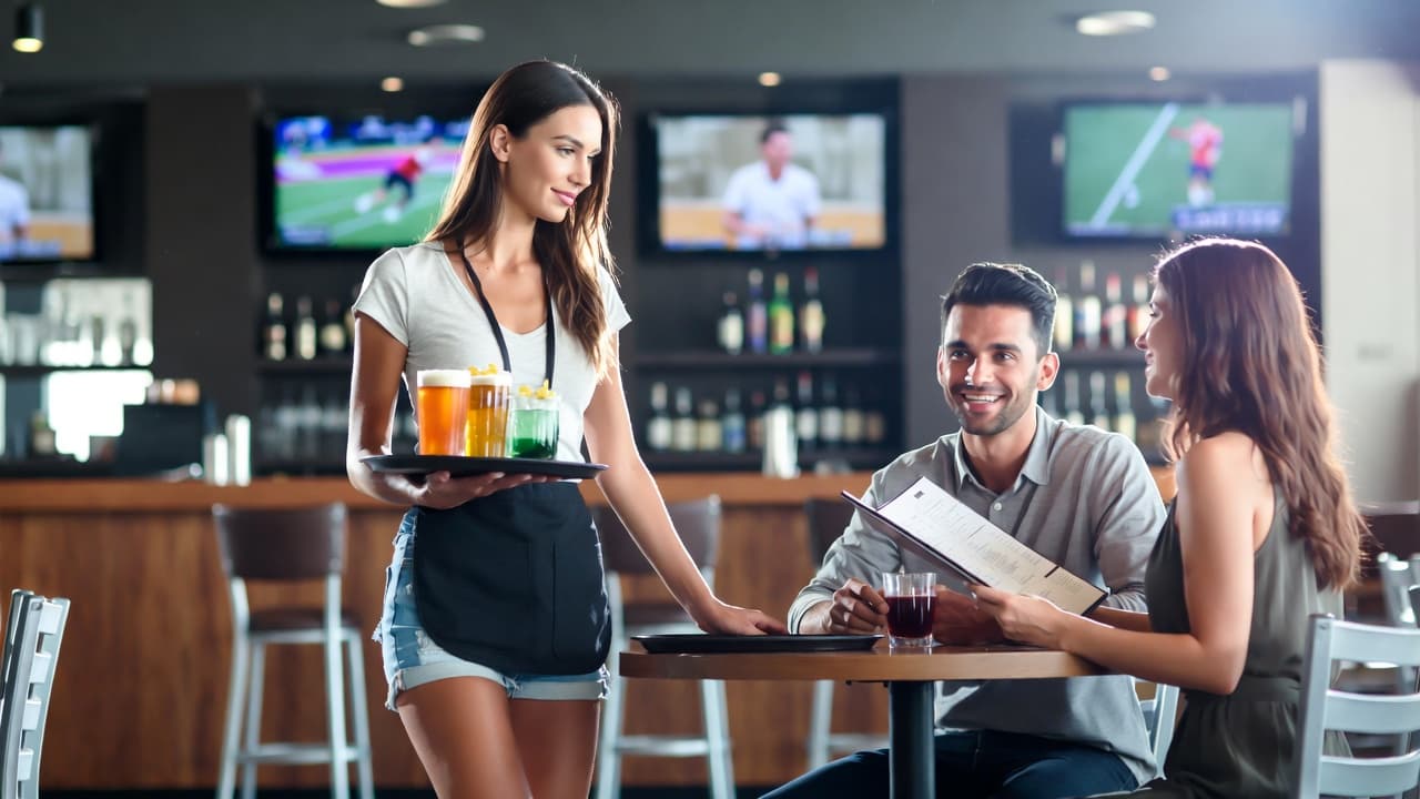 A bartender delivering a tray of drinks in a sports bar