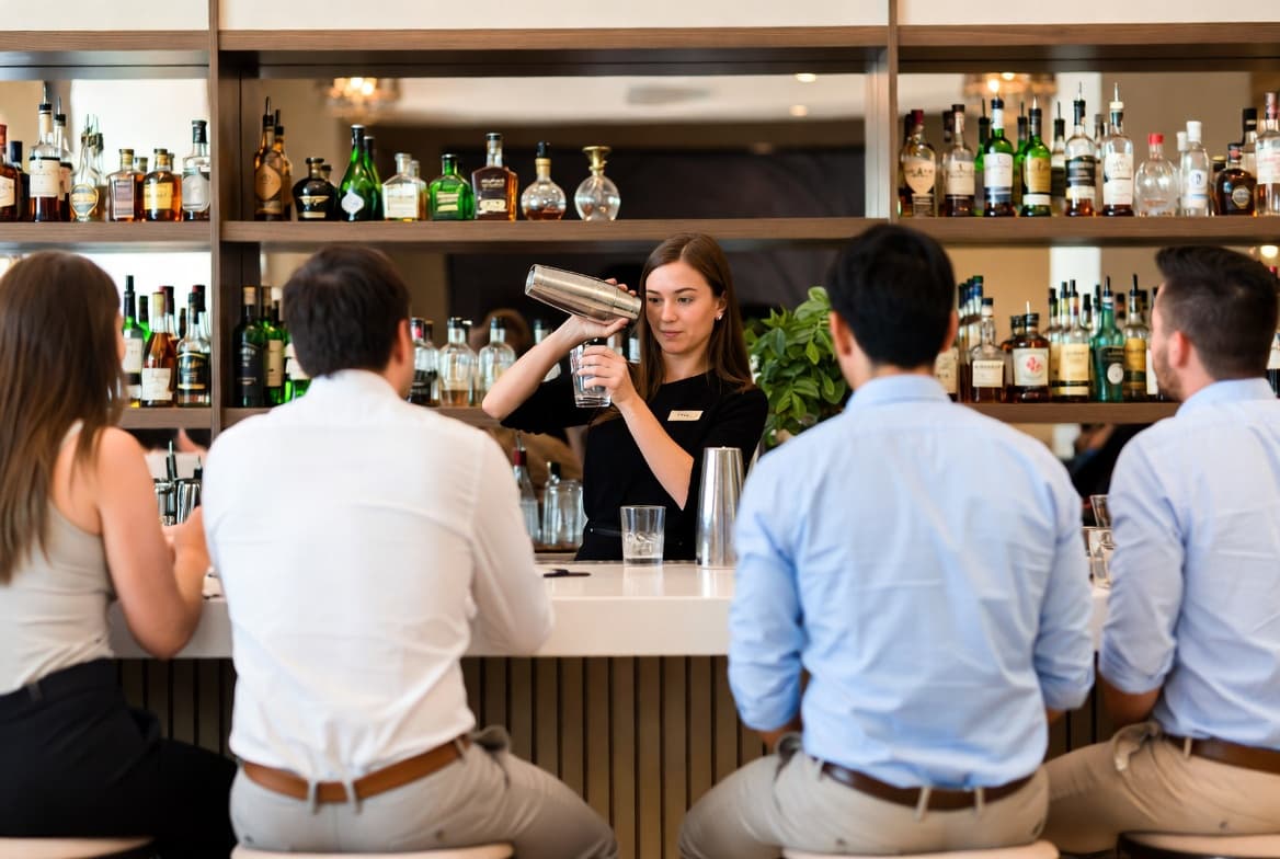 Bartender training behind an upscale bar