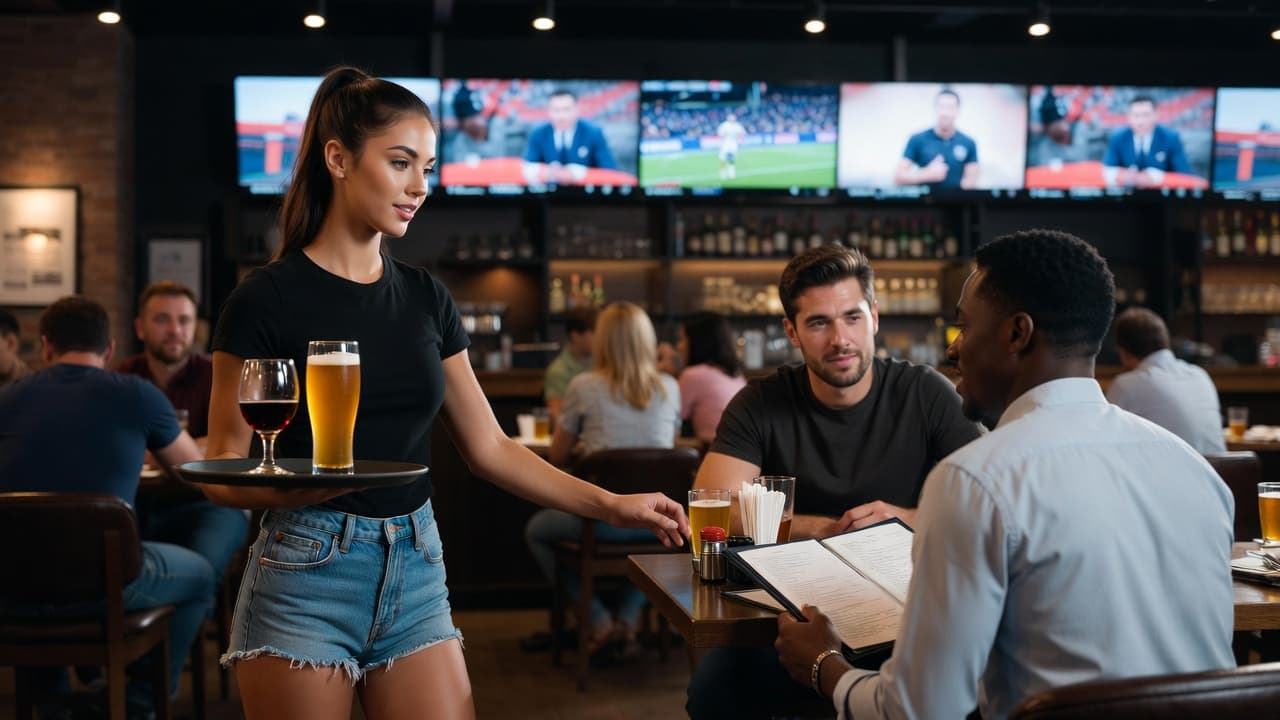 A bar runner with a tray of beer and wine in a sports bar