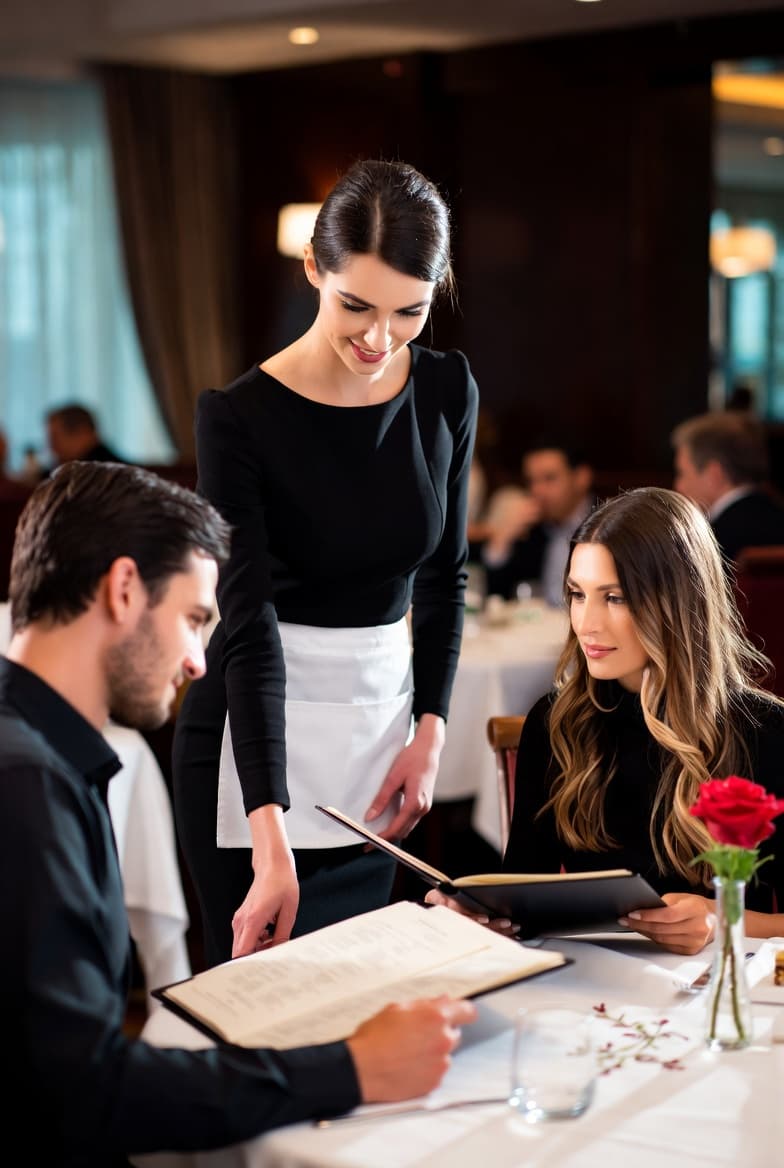 A server presenting a menu to a couple at a fine-dining table