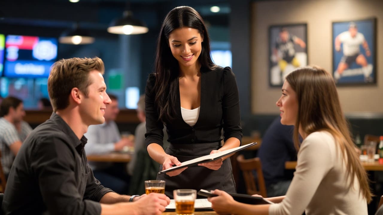 Server taking an order from a couple at a sports-bar table with the menu open