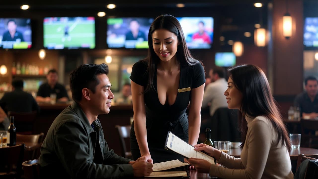 A server attentively taking an order from a couple in a dimly lit dining room