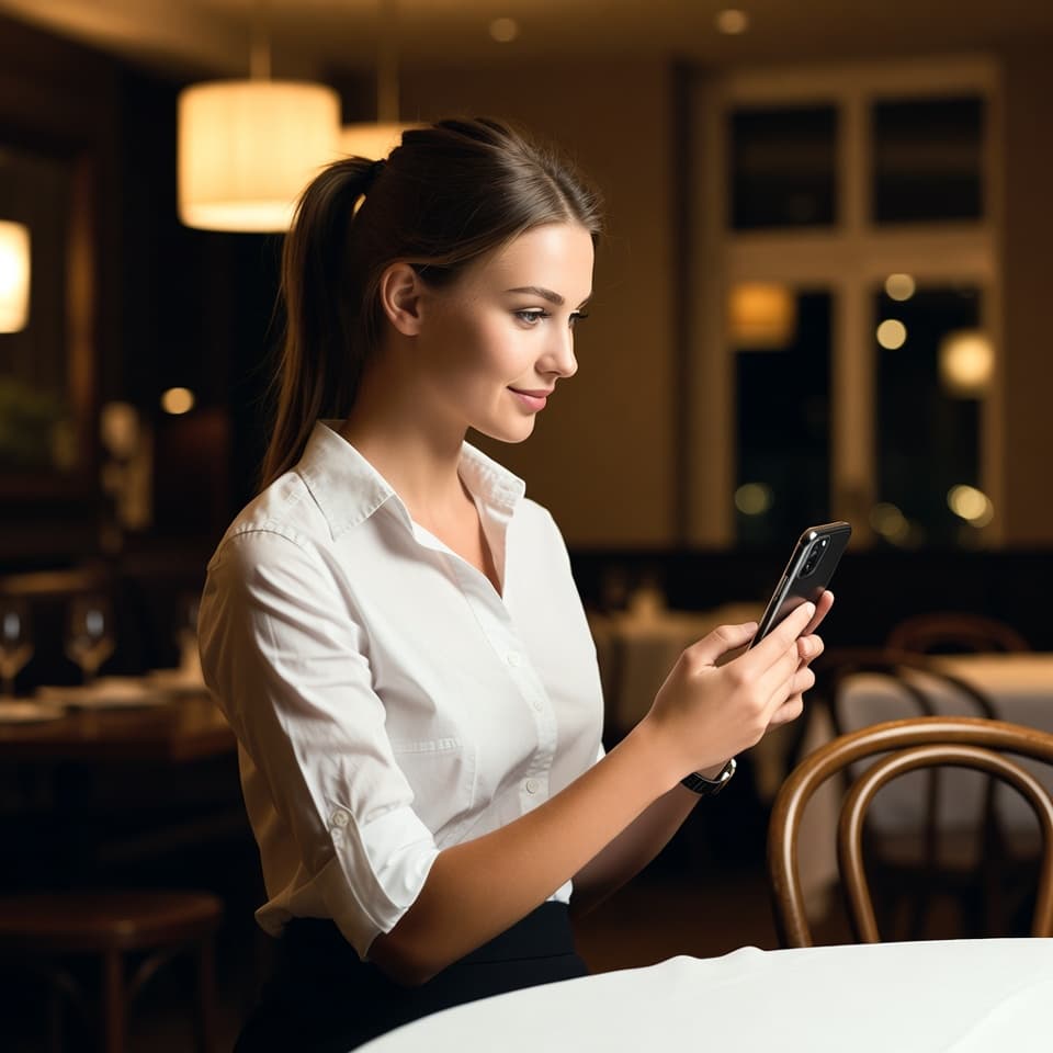 A restaurant server in uniform taking her server test as a quiz on her phone in the dining room