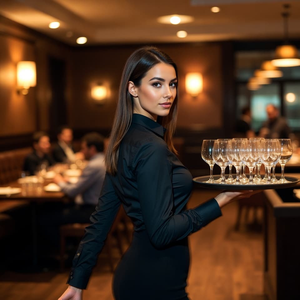 Confident restaurant server in a busy dining room