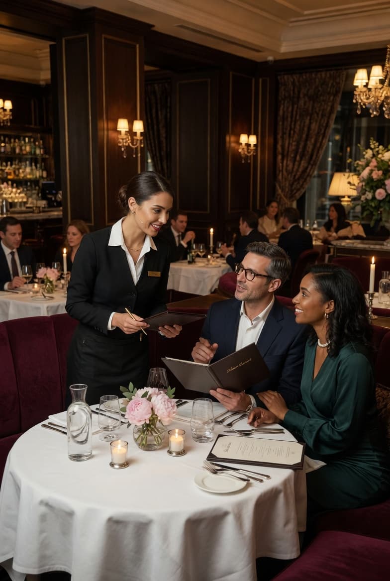 Upscale fine-dining server presenting menu to seated guests