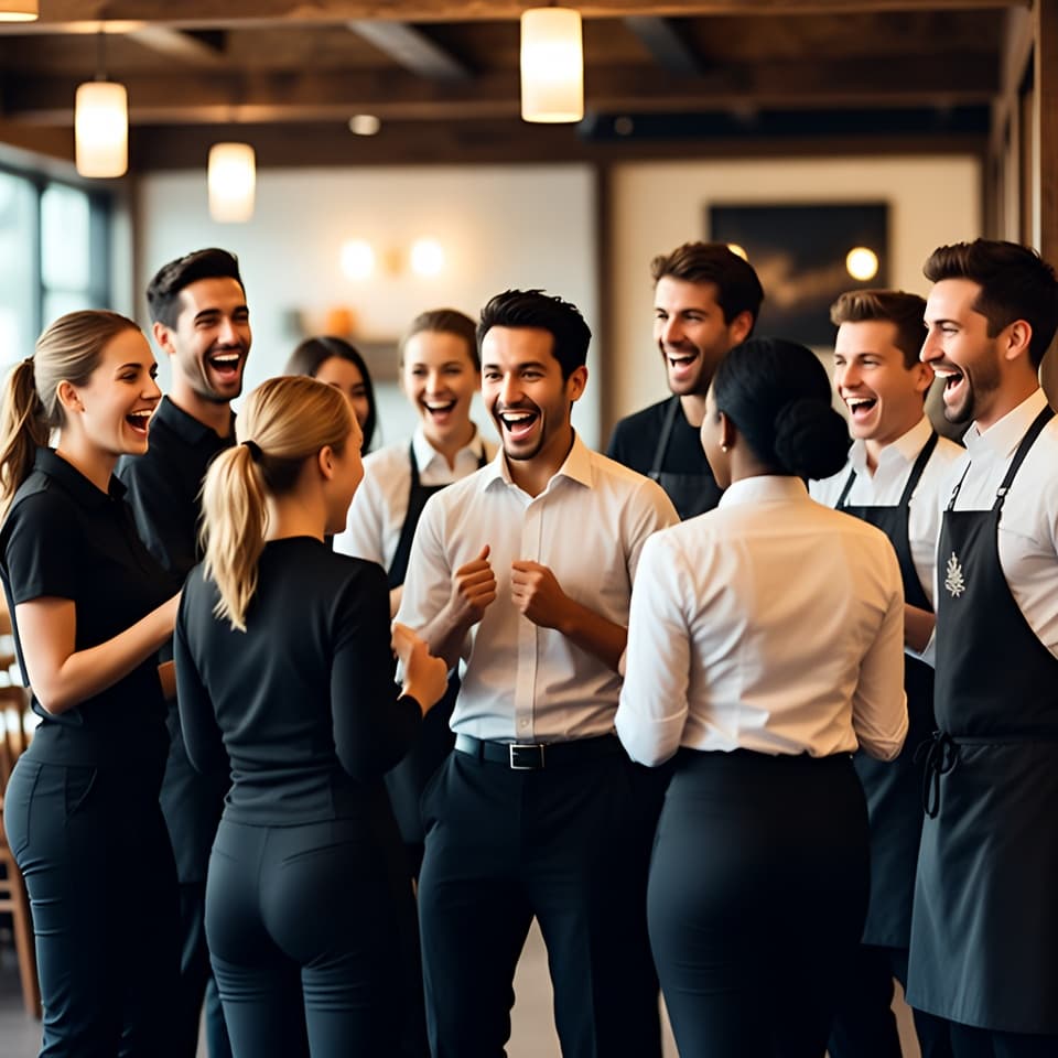 Restaurant team standing together after a successful service