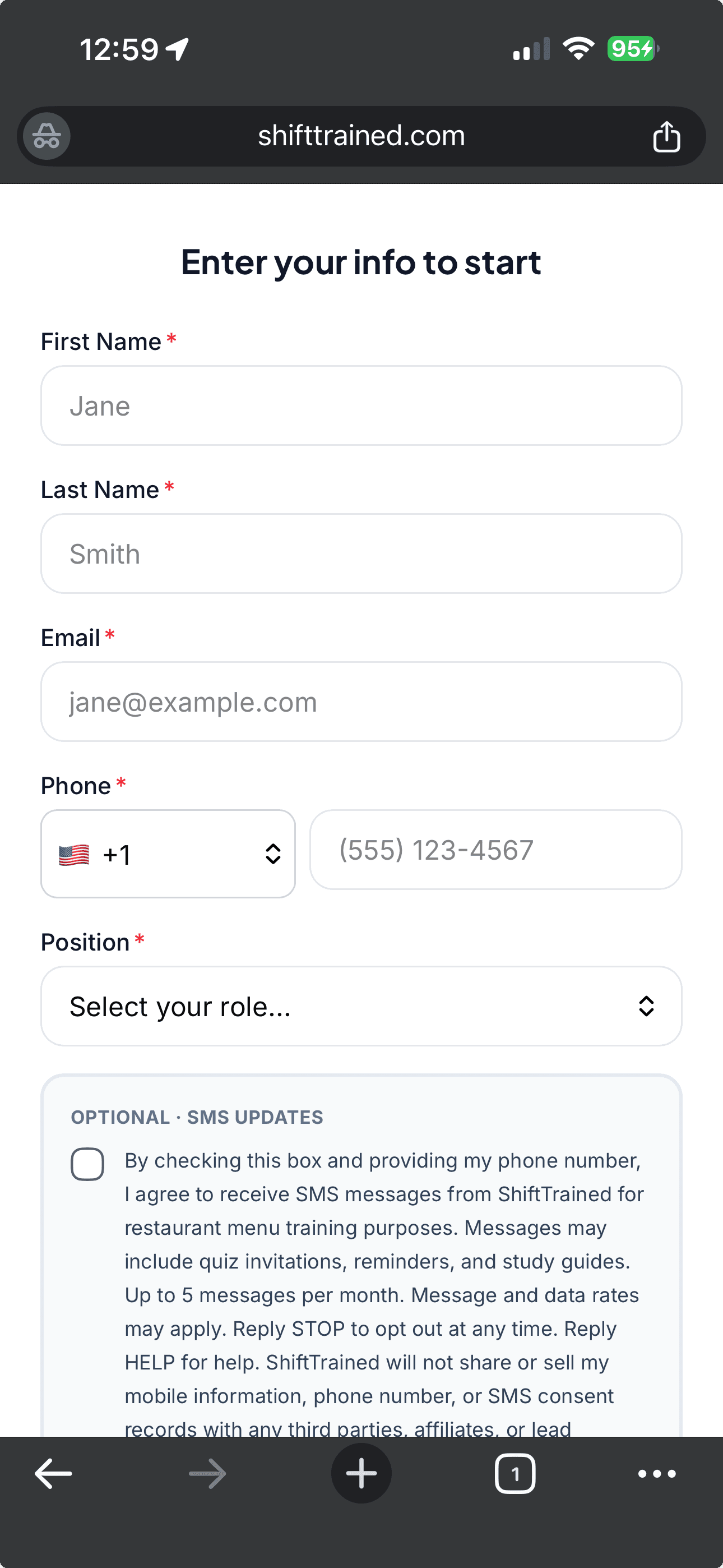 Registration screen (mobile) — top of the form. SMS consent is labeled 'Optional · SMS Updates' and is unchecked by default.