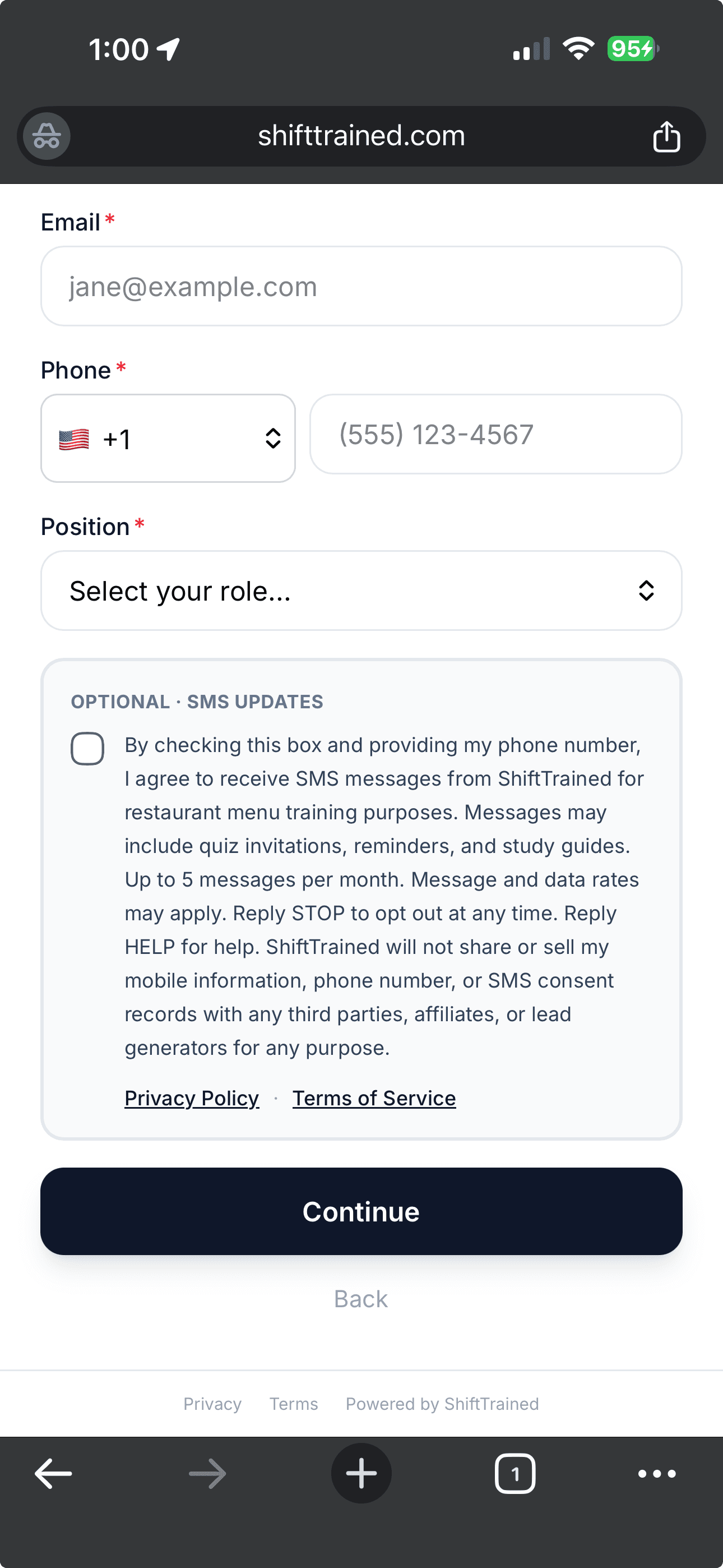 Registration screen (mobile) — full consent text shown. The Continue button is always enabled; SMS consent is optional and never required to take the quiz.