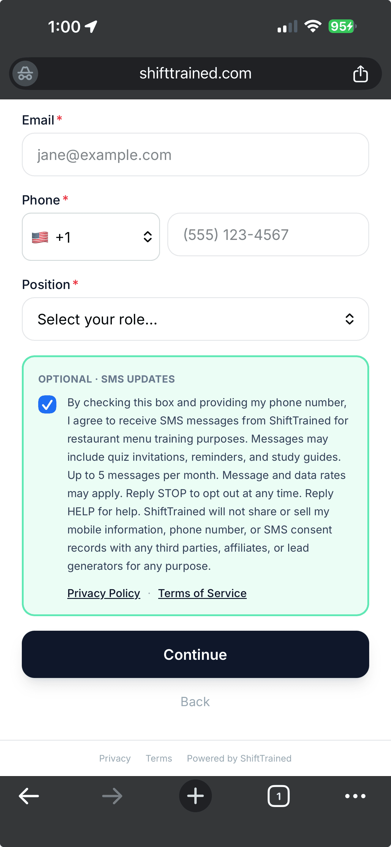 Registration screen (mobile) — optional SMS consent checkbox ticked. The employee has opted in to receive future training-related SMS messages (quiz reminders, study guides).