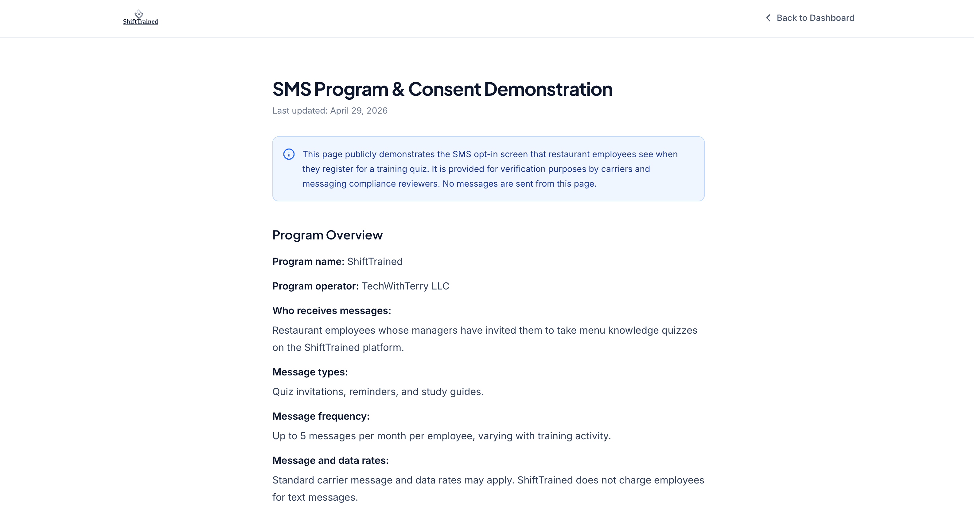 SMS Program & Consent Demonstration page (desktop) — page header and Program Overview.