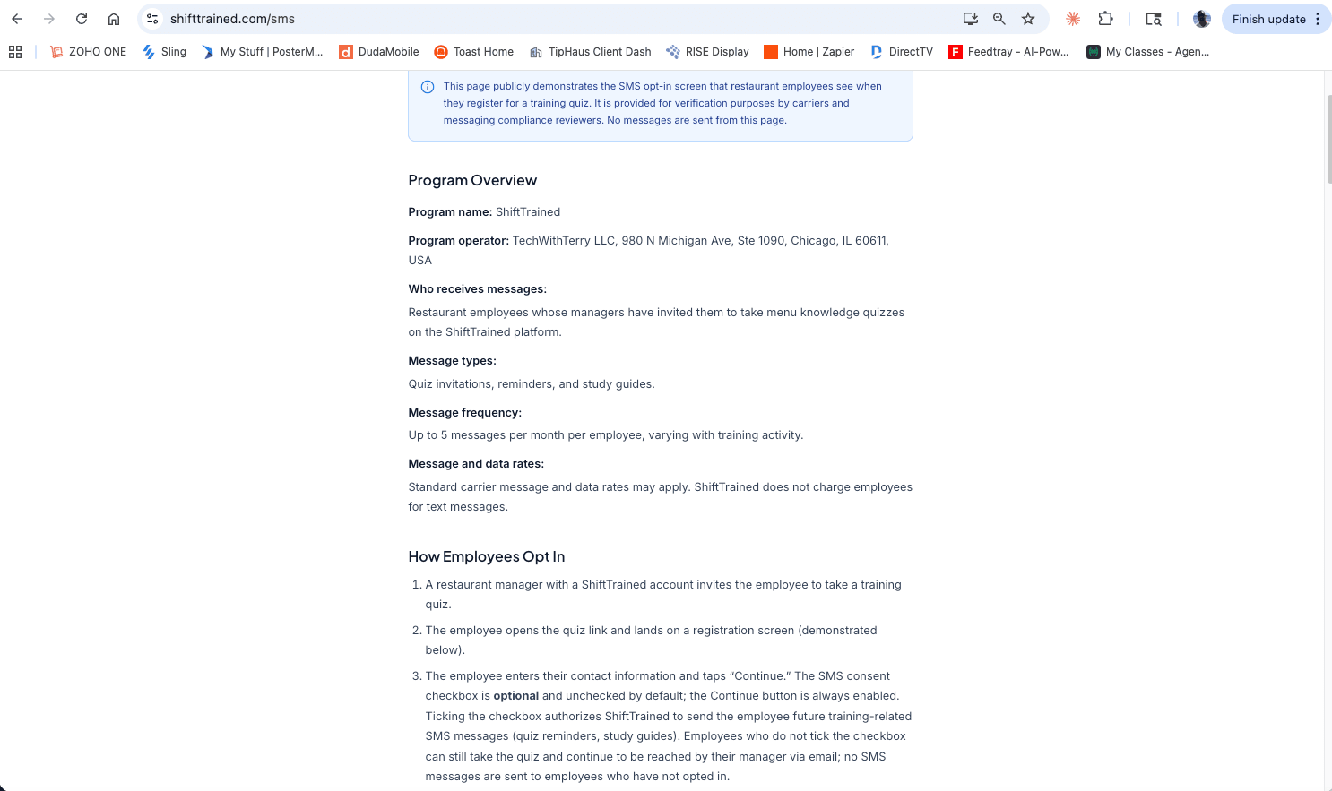 SMS Program & Consent Demonstration page (desktop) — Program Overview details and the three-step opt-in description, including the explicit statement that the SMS consent checkbox is optional and the Continue button is always enabled.