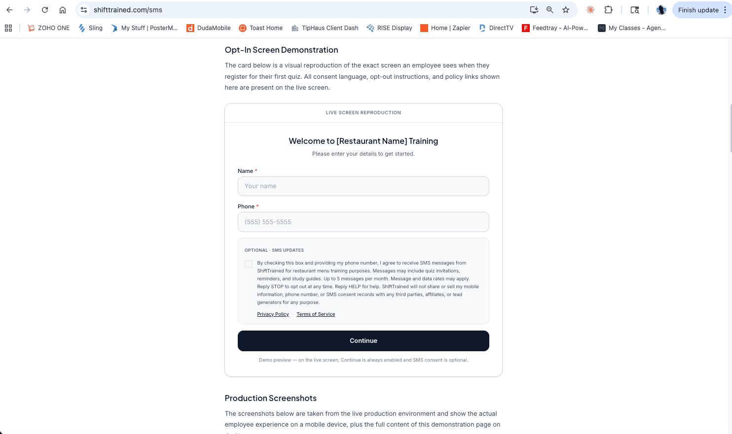 SMS Program & Consent Demonstration page (desktop) — live visual reproduction of the employee-facing opt-in screen, showing the 'Optional · SMS Updates' kicker above the consent checkbox and the always-enabled Continue button.