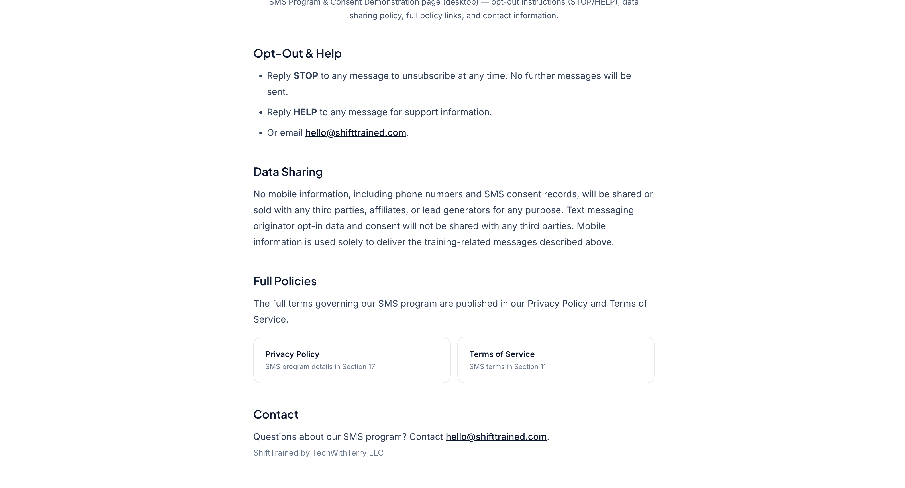 SMS Program & Consent Demonstration page (desktop) — opt-out instructions (STOP/HELP), data sharing policy, full policy links, and contact information.